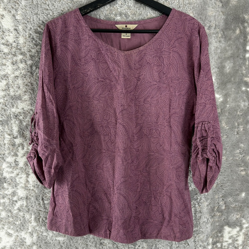 Woolrich Size S Floral Paisley Ruched 3/4 Sleeve Blouse Purple Womens 3/4 Sleeve